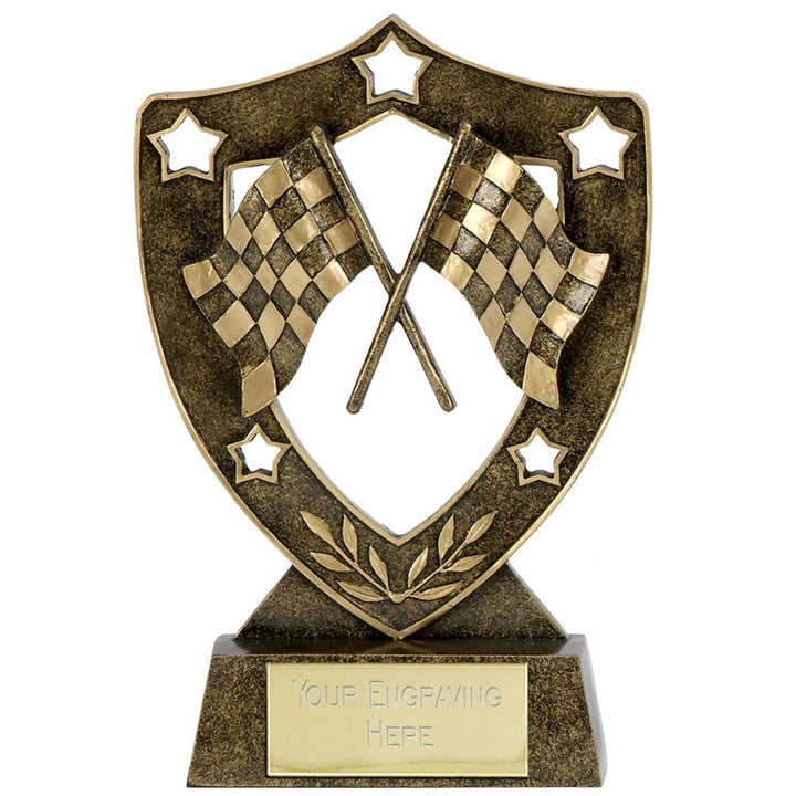 N01039 - Shield Star Chequered Flags Motorsport Trophy (2 Sizes)