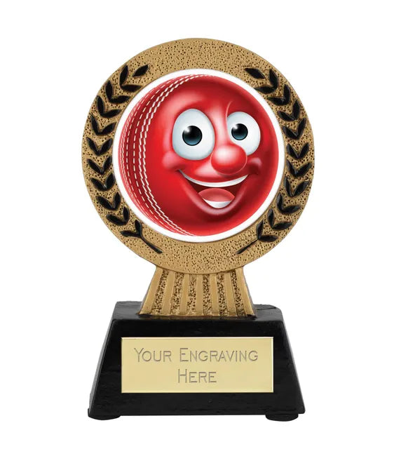 A1022-V262B- Gold Laurel Hero Cricket Ball Goofy Face Award (11.5cm)