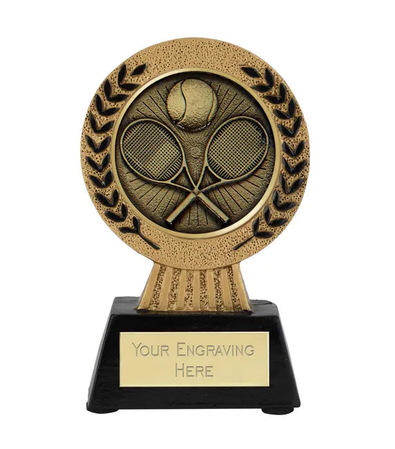 A1022-V275B - Gold Laurel Hero Tennis Racquets & Ball Award (11.5cm)