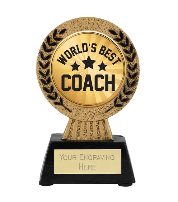 A1022-V553B - Gold Laurel Hero Worlds Best Coach Award (11.5cm)