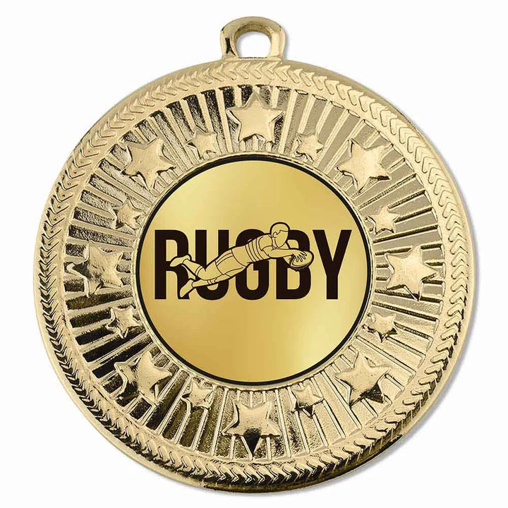 AM1169.01-D548A - Gold VF Star Rugby Word Action Male Medal 50mm