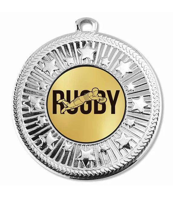 AM1169.02-D548A - Silver VF Star Rugby Word Action Male Medal 50mm