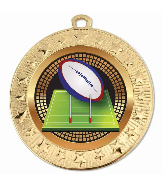 AM1700.01-V207B - Gold Starburst Rugby Ball & Post Medal 70mm