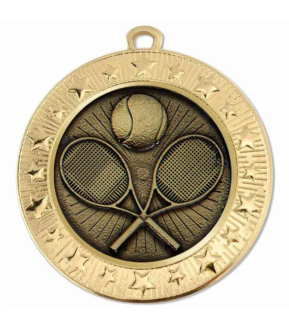 AM1700.01-V275B - Gold Starburst Tennis Racquets & Ball Medal (70mm)