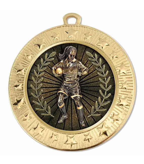 AM1700.01-V289B - Gold Starburst Rugby Female Medal 70mm