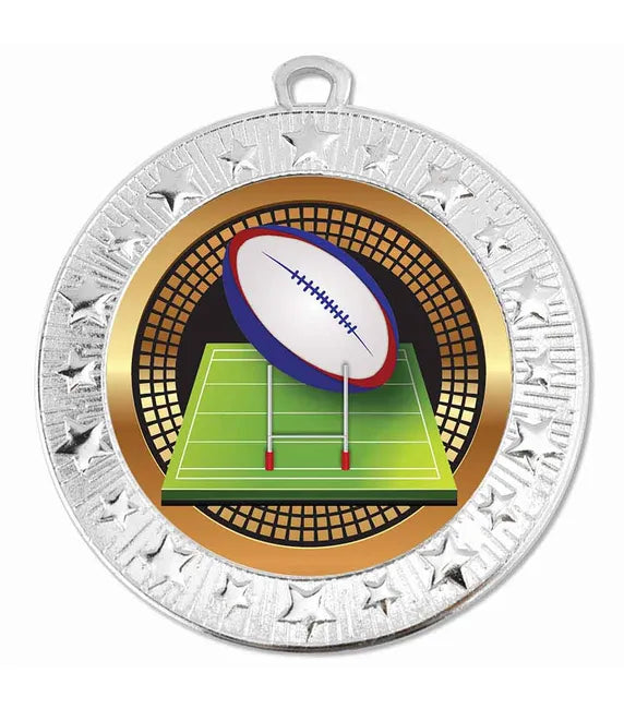 AM1700.02-V207B - Silver Starburst Rugby Ball & Post Medal 70mm