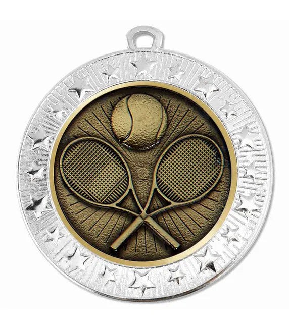 AM1700.02-V275B - Silver Starburst Tennis Racquets & Ball Medal (70mm)