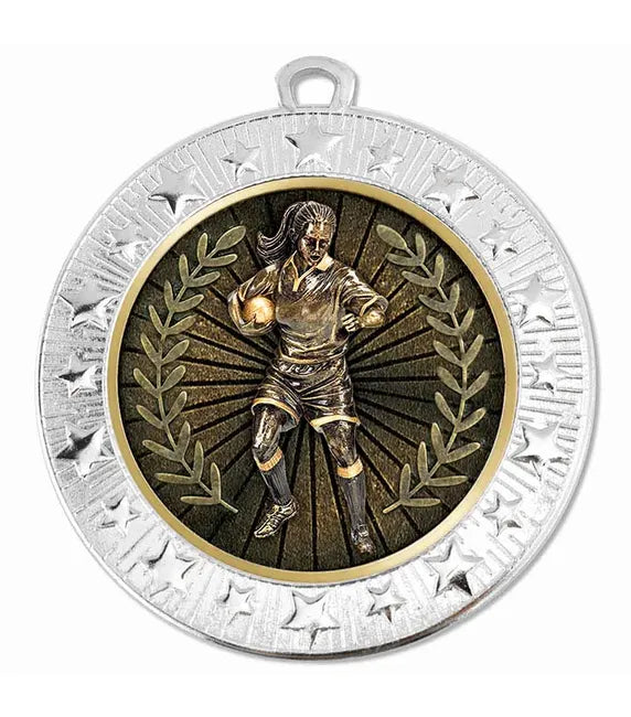 AM1700.02-V289B - Silver Starburst Rugby Female Medal 70mm