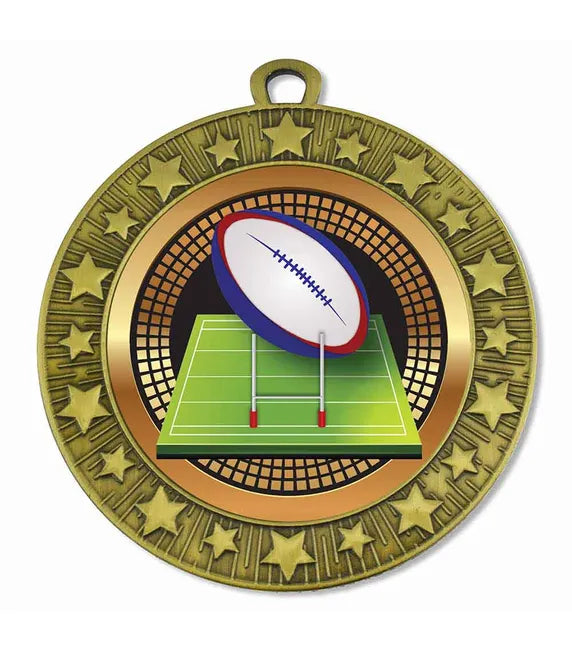 AM1700.12-V207B - Bronze Starburst Rugby Ball & Post Medal 70mm