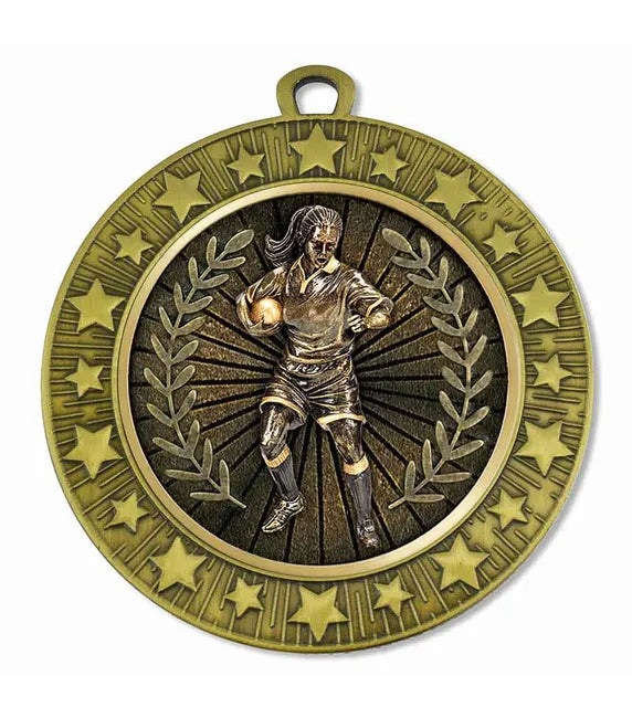 AM1700.12-V289B - Bronze Starburst Rugby Female Medal 70mm