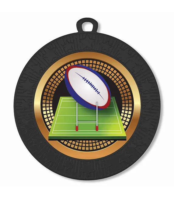 AM1700.30-V207B - Black Starburst Rugby Ball & Post Medal 70mm