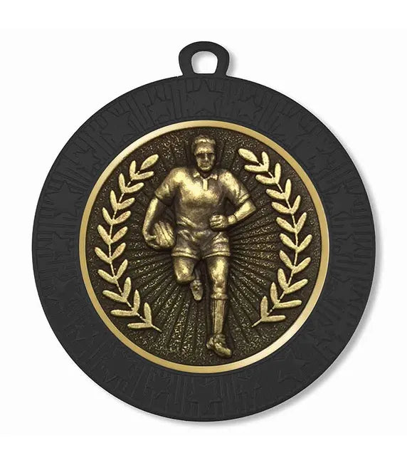 AM1700.30-V221B - Black Starburst Rugby Male Medal 70mm