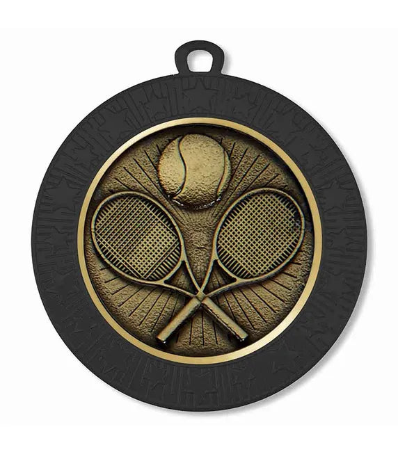 AM1700.30-V275B - Black Starburst Tennis Racquets & Ball Medal (70mm)