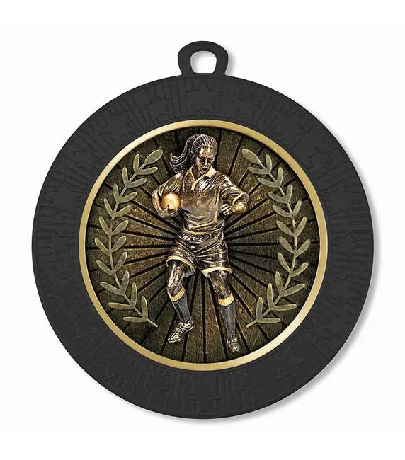 AM1700.30-V289B - Black Starburst Rugby Female Medal 70mm