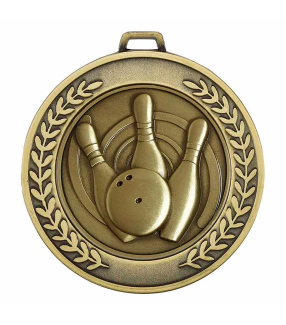 AM918.12-MCD010 - Antique Gold Prestige Heavyweight Ten Pin Medal 70mm