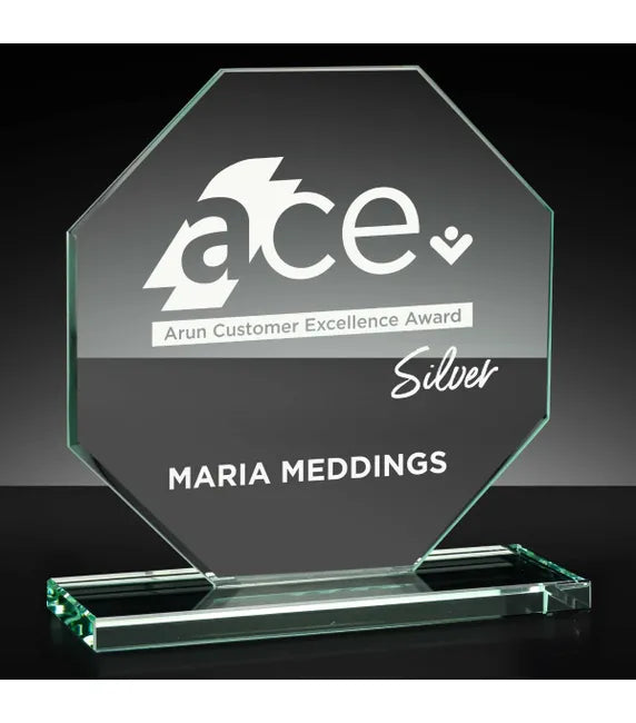 P/JC007C - Broad Octagon Jade Glass Engraved Award (15cm)