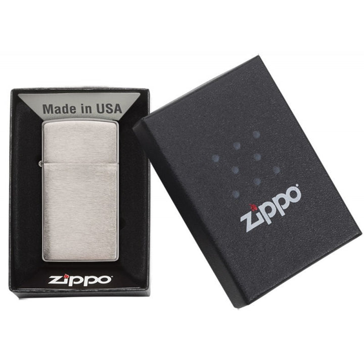 1600 Slim Brushed Chrome Zippo lighter with box
