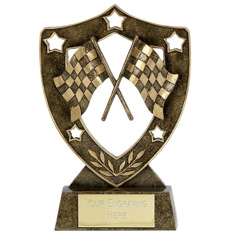 N01039 - Shield Star Chequered Flags Motorsport Trophy (3 Sizes)
