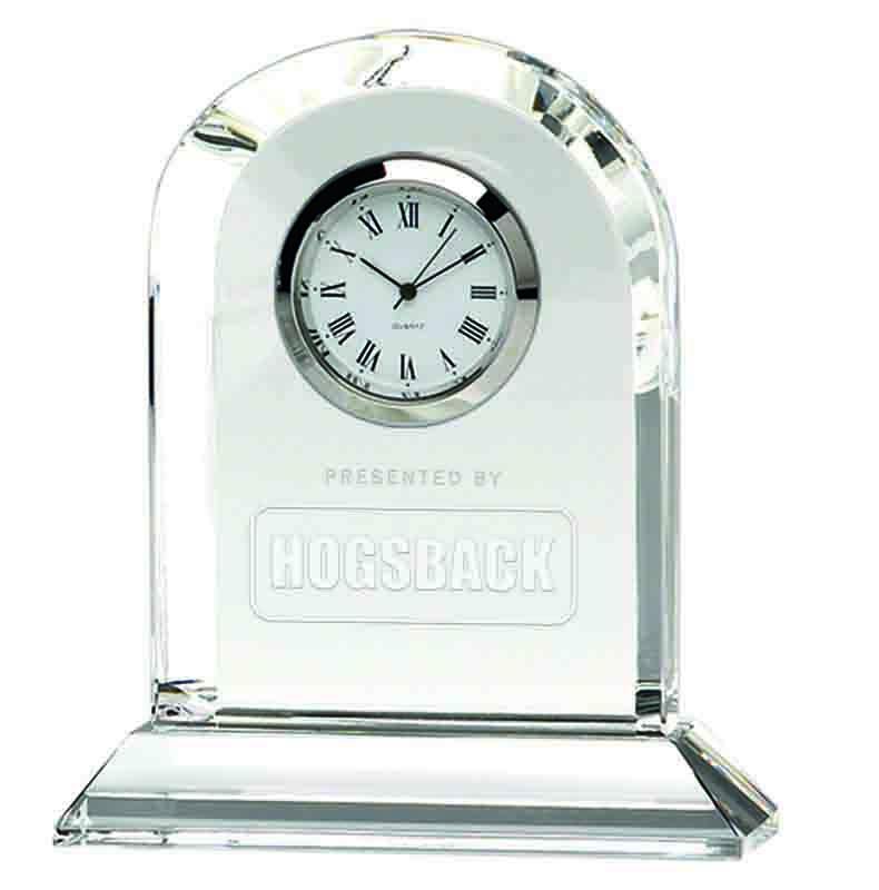 OK013 - Arch Glass Engraved Optical Crystal Presentation Clock (10.5cm)